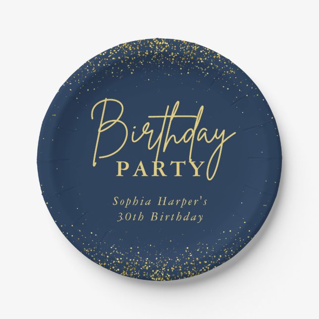 Assiettes En Carton Chic Navy Gold Glitter Confetti Birthday Party (Devant)