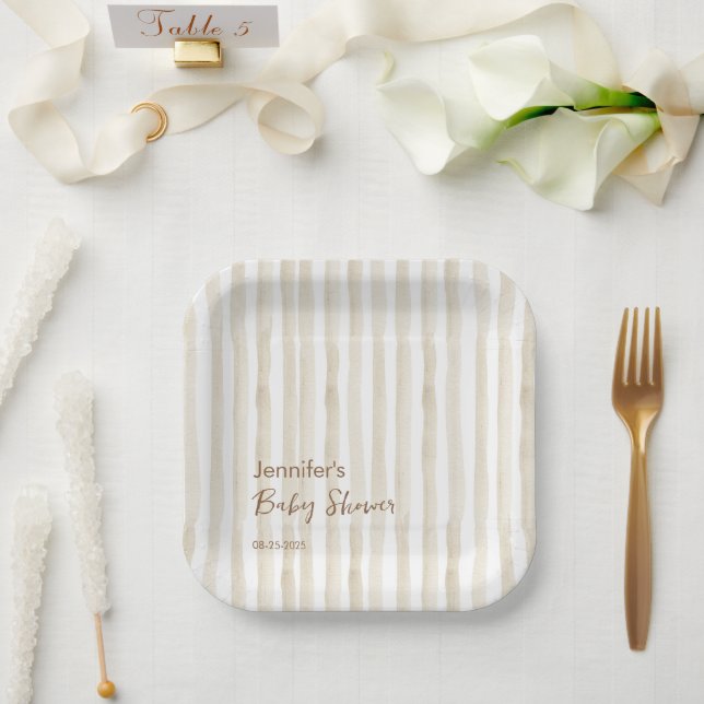 Assiettes En Carton Chic Neutral Faded Stripe Modern Baby Shower (Mariage)