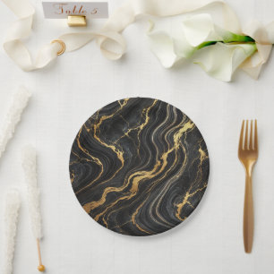 Assiettes En Carton Chic noir et or métallisé marbré glamour