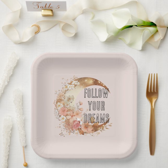 Assiettes En Carton Chic or Boho Blush rose Floral Anniversaire (Mariage)