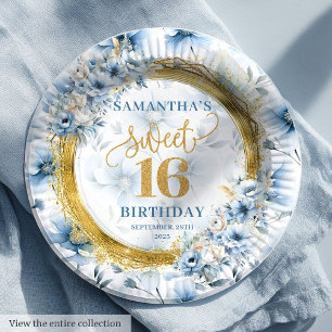 Assiettes En Carton Chic Pastel Blue Sweet 16 Gold Sparkle Party Plaqu