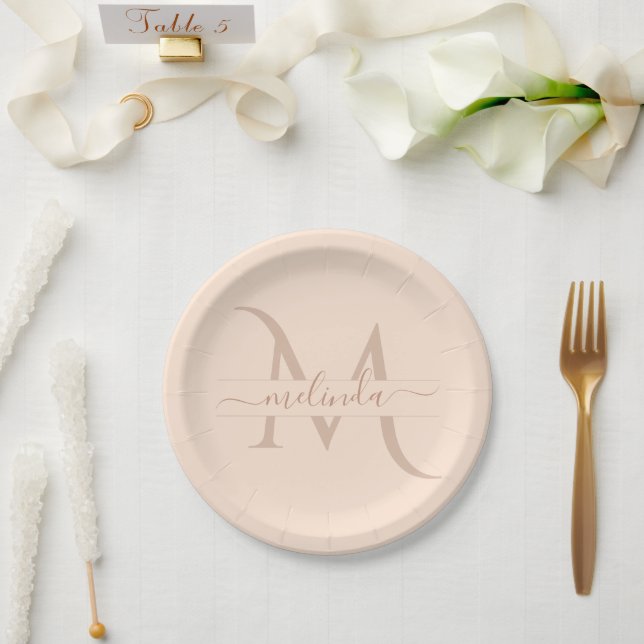 Assiettes En Carton Chic Pastel Blush Pink Monogramme Nom personnalisé (Mariage)