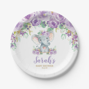 Assiettes En Carton Chic Purple Floral Elephant Baby shower Girl