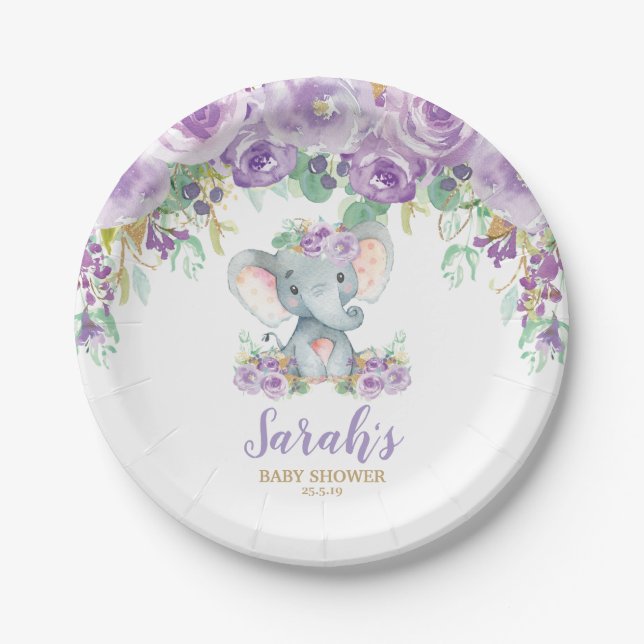 Assiettes En Carton Chic Purple Floral Elephant Baby shower Girl (Devant)