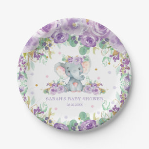 Assiettes En Carton Chic Purple Floral Elephant Baby shower Girl