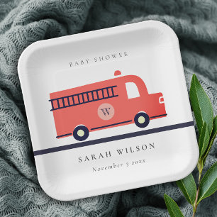Assiettes En Carton Chic Red Navy Baby shower de moteur de camion-feu