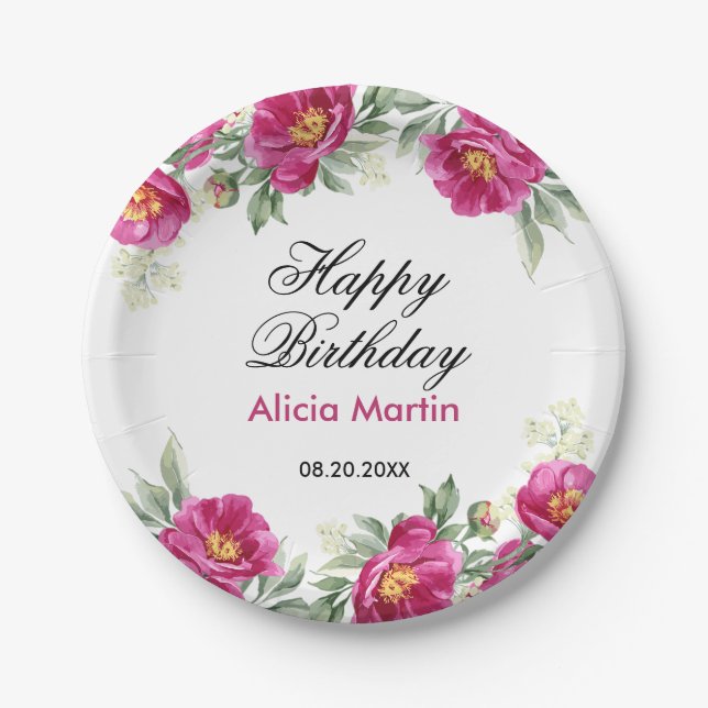Assiettes En Carton Chic Red Violet Peony Floral Verdure Anniversaire (Devant)