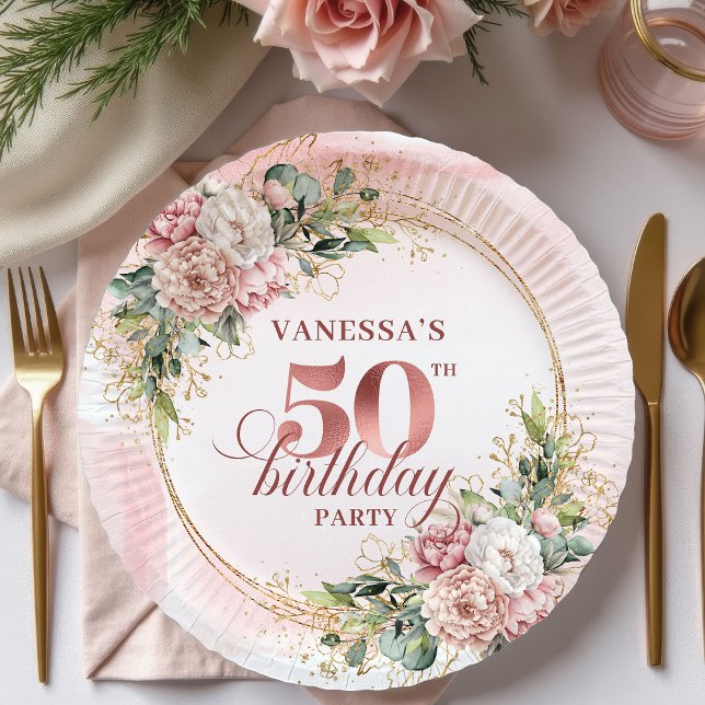 Assiettes En Carton Chic Rose Gold Glitter Number 50th Birthday Floral (Chic Rose Gold Glitter Number 50th Birthday Floral Party Plates

)