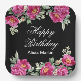 Assiettes En Carton Chic rose Violet Peony Floral Noir Anniversaire