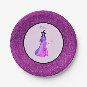 Assiettes En Carton Chic sorcière d'Halloween sur violet et paillettes
