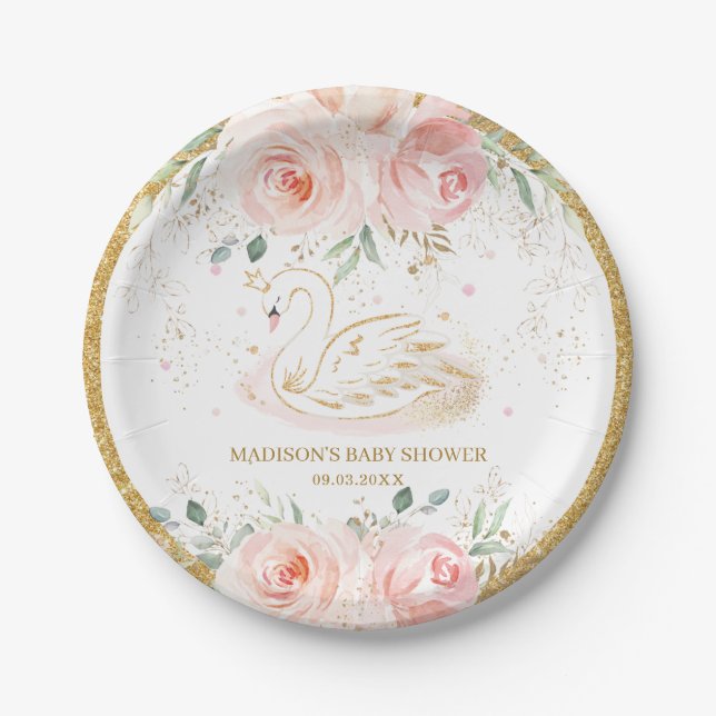 Assiettes En Carton Chic Swan Blush rose Baby shower Floral Anniversai (Devant)