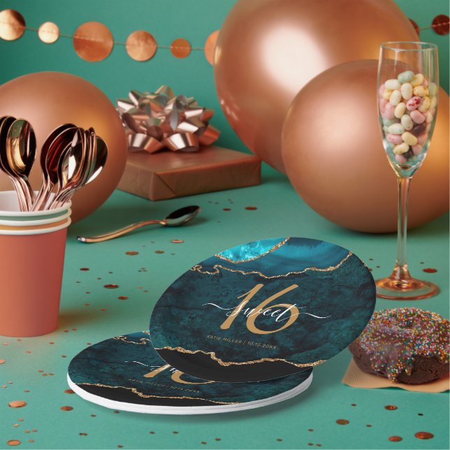 Assiettes En Carton Chic Sweet 16 Turquoise Gold Parties scintillant A (Multi)
