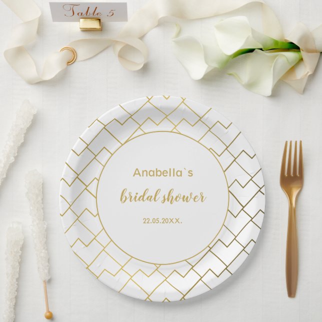 Assiettes En Carton Chic tendance Géométrique Blanc doré (Mariage)