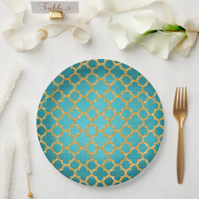 Assiettes En Carton Chic Turquoise Turquoise Marocain Quatrefoil Motif (Mariage)