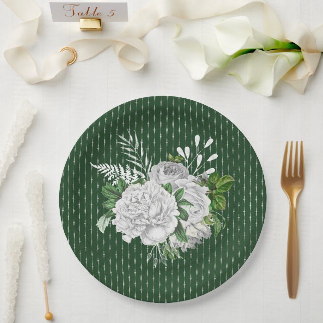 Assiettes En Carton Chic Vert Roses Blanches Floral (Mariage)