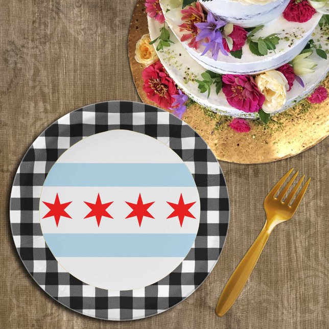 Assiettes En Carton Chicago Plate, buffalo plaid USA & Chicago Flag (Créateur téléchargé)