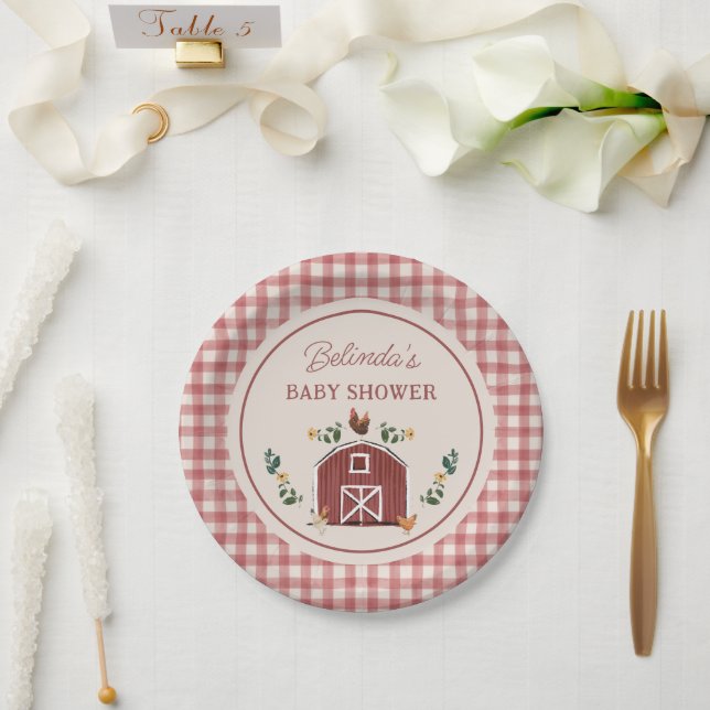 Assiettes En Carton Chickens Barn Charming Farm Shower Gingham (Mariage)