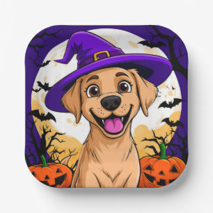 Assiettes En Carton Chien adorable avec un chapeau de sorcière