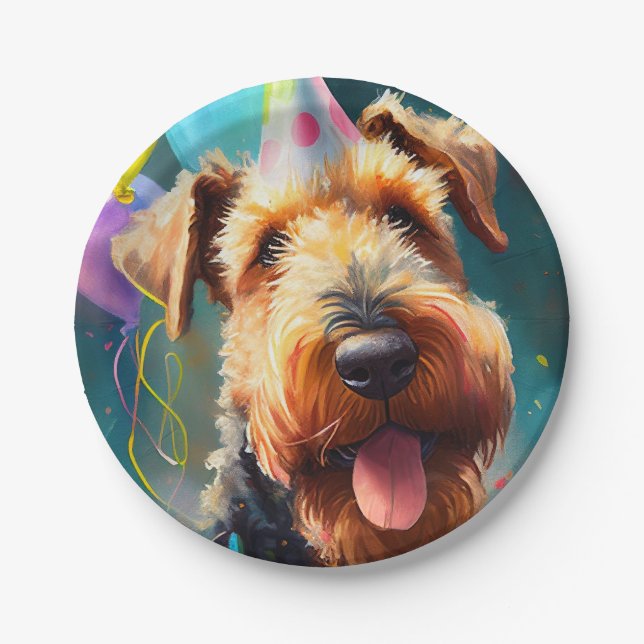 Assiettes En Carton Chien Airedale avec casquette d'anniversaire et ba (Devant)