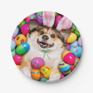 Assiettes En Carton Chien allongé sur des œufs de Pâques