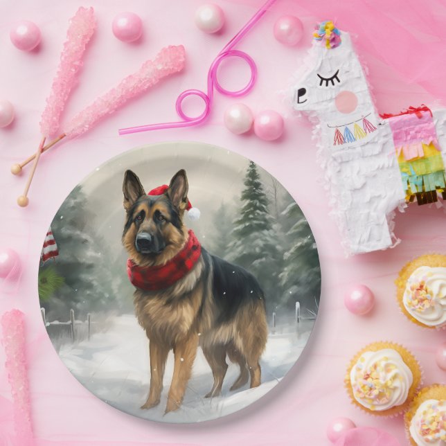 Assiettes En Carton Chien berger allemand en Noël de neige (Fête)