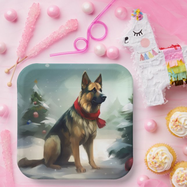 Assiettes En Carton Chien berger allemand en Noël de neige (Fête)