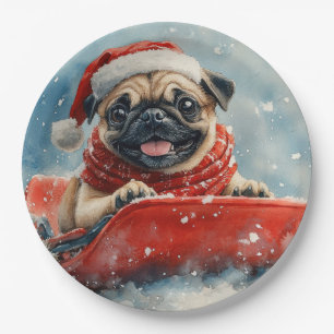 Assiettes En Carton Chien Carlin en Luge Laissez Tomber la Neige Noël
