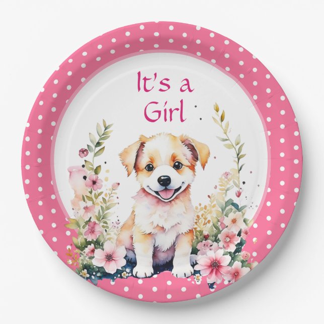 Assiettes En Carton Chien chiot en fleurs Baby shower de fille C'est u (Devant)