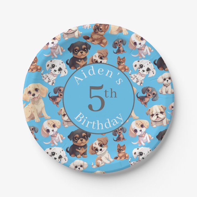 Assiettes En Carton Chien chiot mignon Anniversaire bleu (Devant)