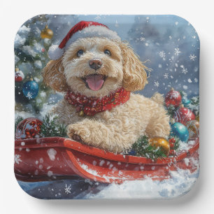 Assiettes En Carton Chien Cockapoo dans un traîneau Laissez neige Noël