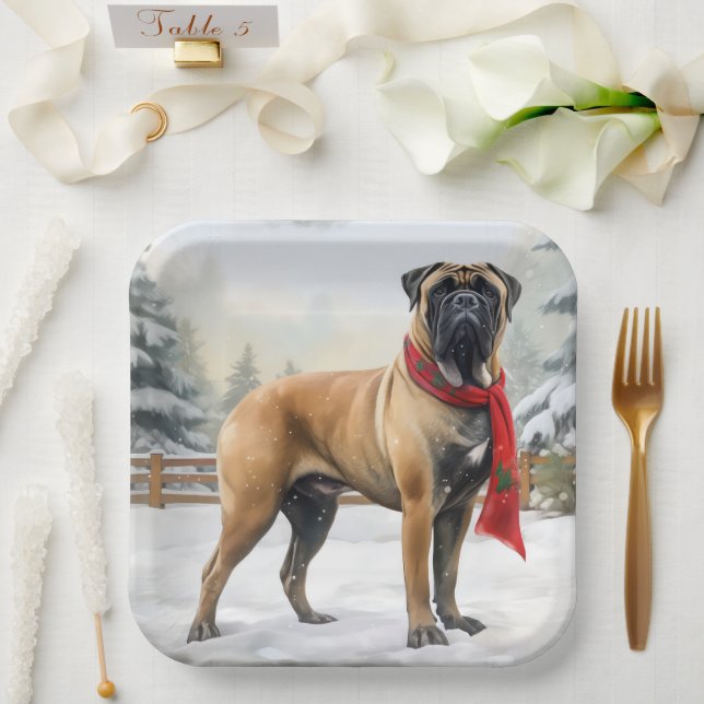 Assiettes En Carton Chien de Bullmastiff à Noël de neige (Mariage)