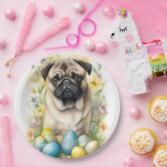 Assiettes En Carton Chien de carlin avec oeufs de Pâques Fêtes (Fête)