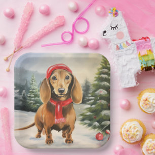 Assiettes En Carton Chien de Dachshund à Noël de neige