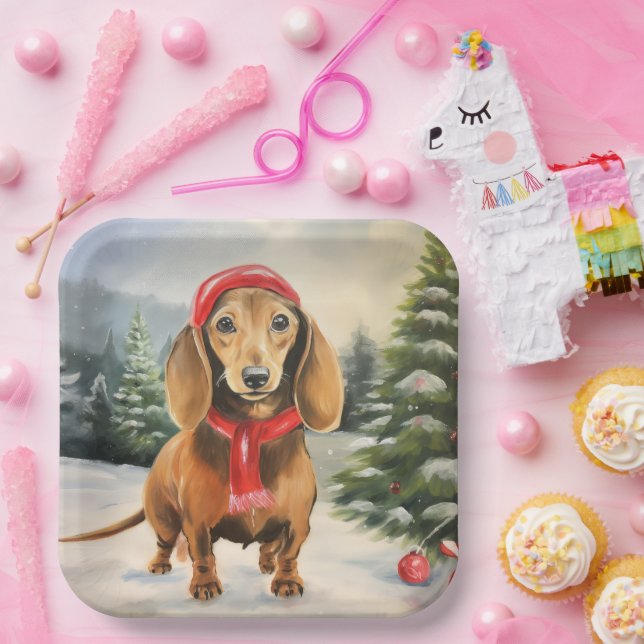 Assiettes En Carton Chien de Dachshund à Noël de neige (Fête)