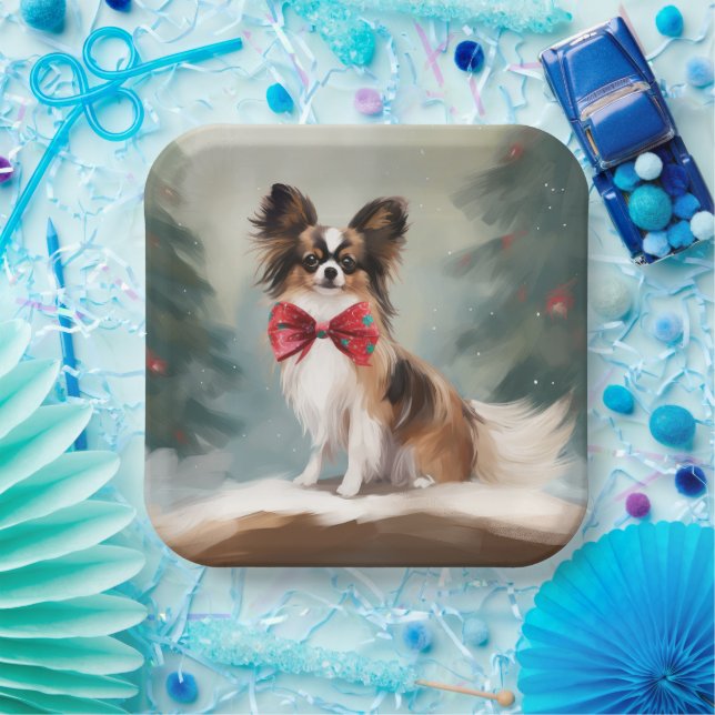 Assiettes En Carton Chien de Papillon à Noël de neige (Fête)