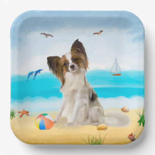 Assiettes En Carton Chien de Papillon sur la plage