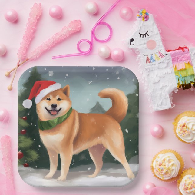 Assiettes En Carton Chien de Shiba Inu à Noël de neige (Fête)