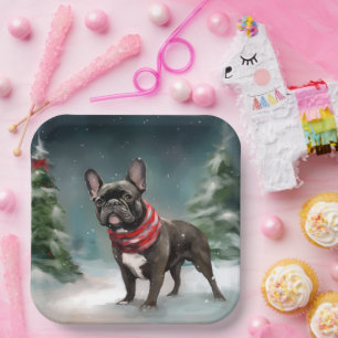 Assiettes En Carton Chien de taureau français à Noël de neige