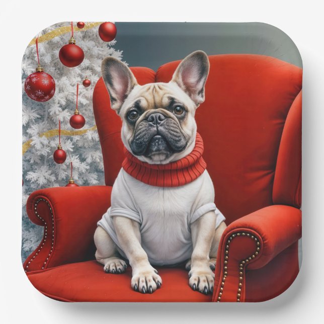 Assiettes En Carton Chien de taureau français de Noël sur une chaise r (Recto)