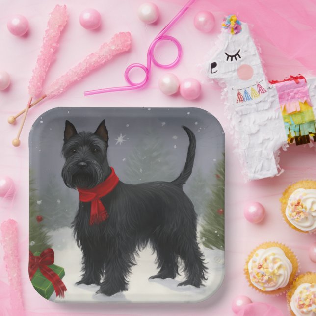 Assiettes En Carton Chien de Terrier écossais en Noël de neige (Fête)
