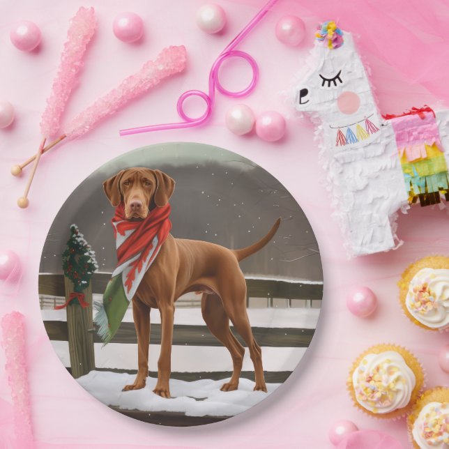 Assiettes En Carton Chien de Vizsla à Noël de neige (Fête)