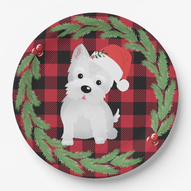 Assiettes En Carton Chien de West Highland Santa Hat Buffalo Pin Plaid (Devant)