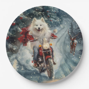 Assiettes En Carton Chien Esquimau Américain à moto Noël