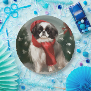 Assiettes En Carton Chien Japonais Chin dans la neige de Noël