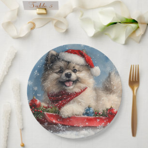 Assiettes En Carton Chien Keeshond en Traîneau Qu'il neige Noël