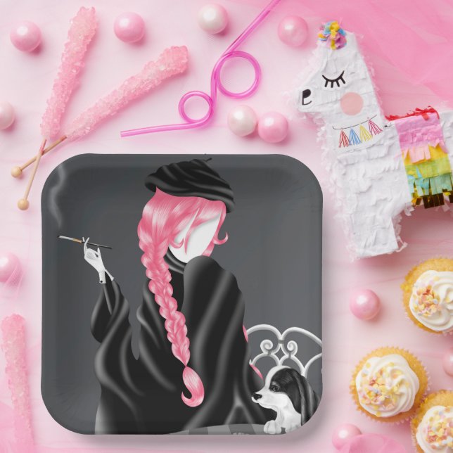 Assiettes En Carton Chien & Lady au café Pink Hair Paper Plate (Fête)