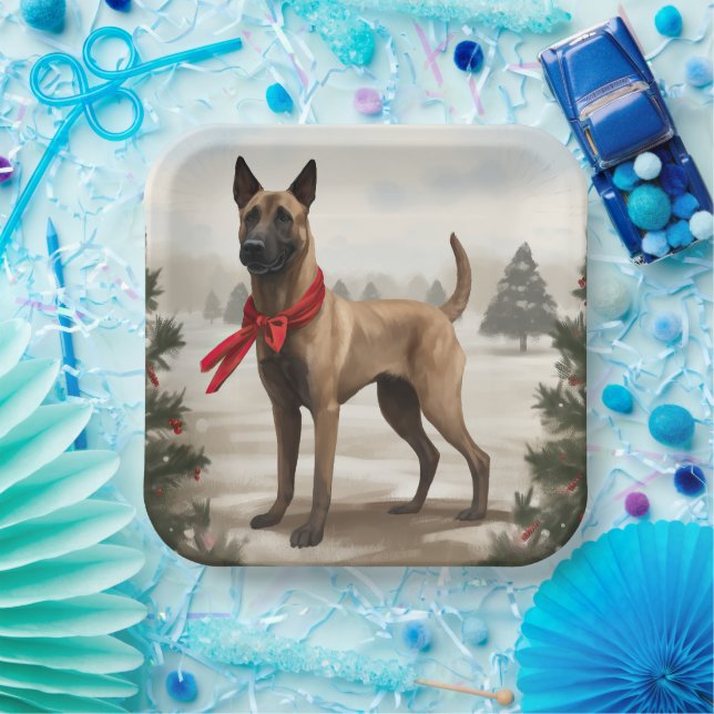 Assiettes En Carton Chien malinois belge à Noël de neige (Fête)