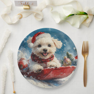 Assiettes En Carton Chien maltais en traîneau Laissez neige Noël