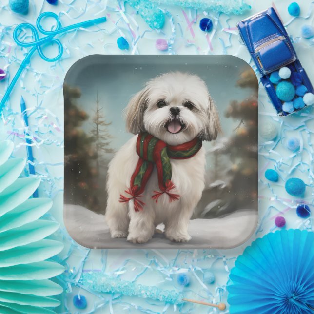 Assiettes En Carton Chien Malti Tzu à Noël de neige (Fête)