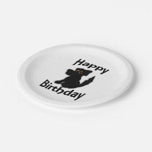 Assiettes En Carton Chien noir Joyeux anniversaire Blanc